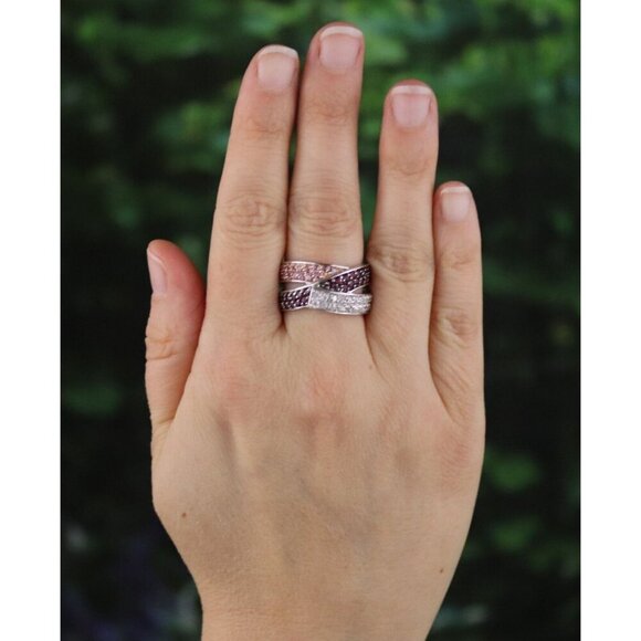 Sterling Silver White, Pink, Dark Pink Topaz Band Ring Size 8 Thick Band - Picture 4 of 7